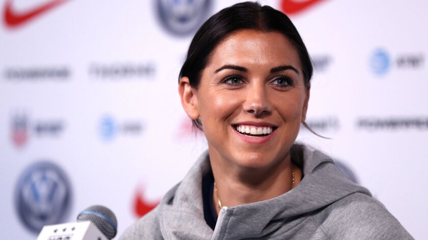 Alex Morgan speaks to the media May 24 in New York ahead of the 2019 Women's World Cup. Morgan played in her first World Cup at age 21 in 2011.