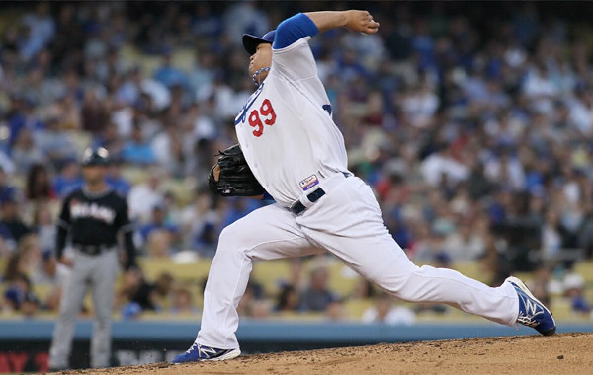 Hyun-Jin Ryu did not give up a hit until the fourth inning of the Dodgers' 7-1 victory over Miami on Saturday.