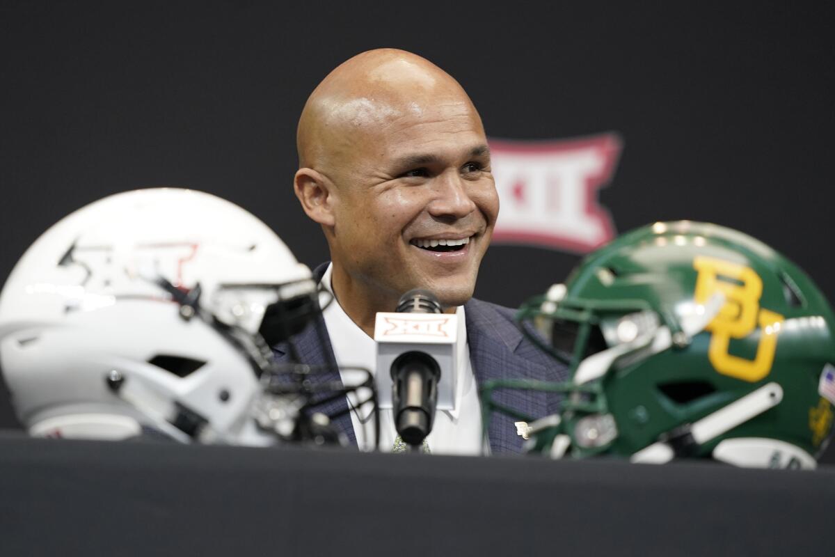 Baylor head coach Dave Aranda smiles while speaking at the NCAA college football Big 12 media days in Arlington, Texas, Wednesday, July 13, 2022. (AP Photo/LM Otero)