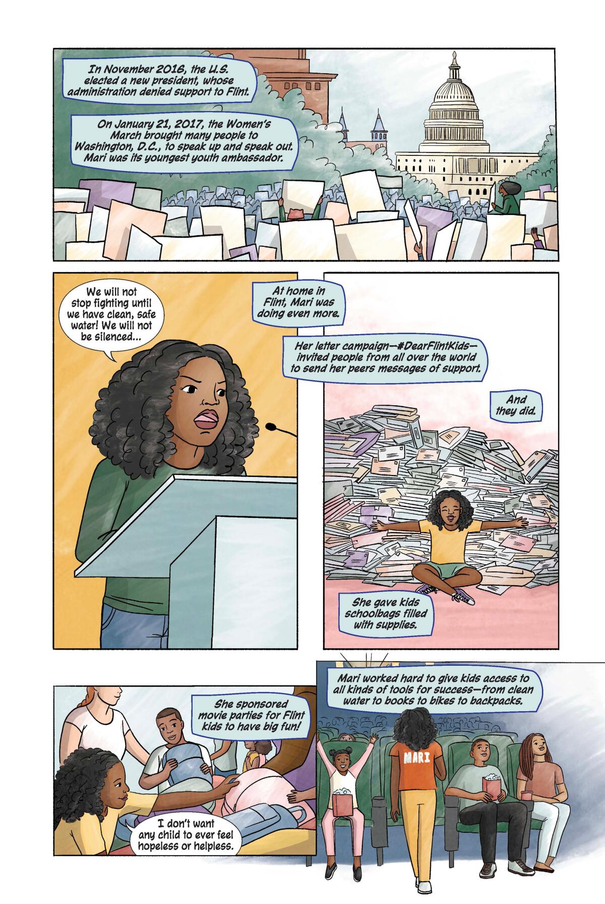 Comic book illustrations of the U.S. Capitol and a young Black woman speaking at a lectern