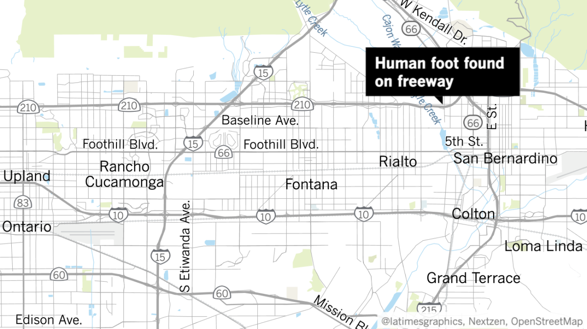 Map shows approximate location where human foot was found next to 210 Freeway