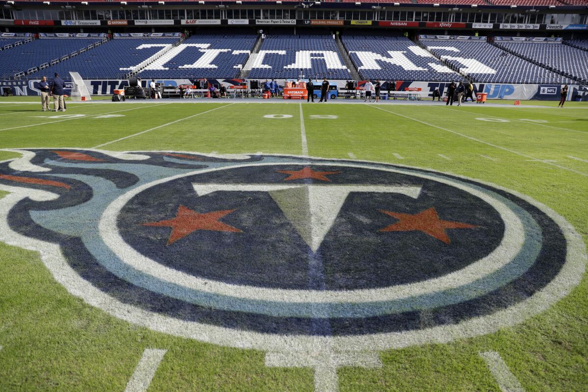 The Tennessee Titans logo is seen in Nissan Stadium before an NFL football game between the Titans.