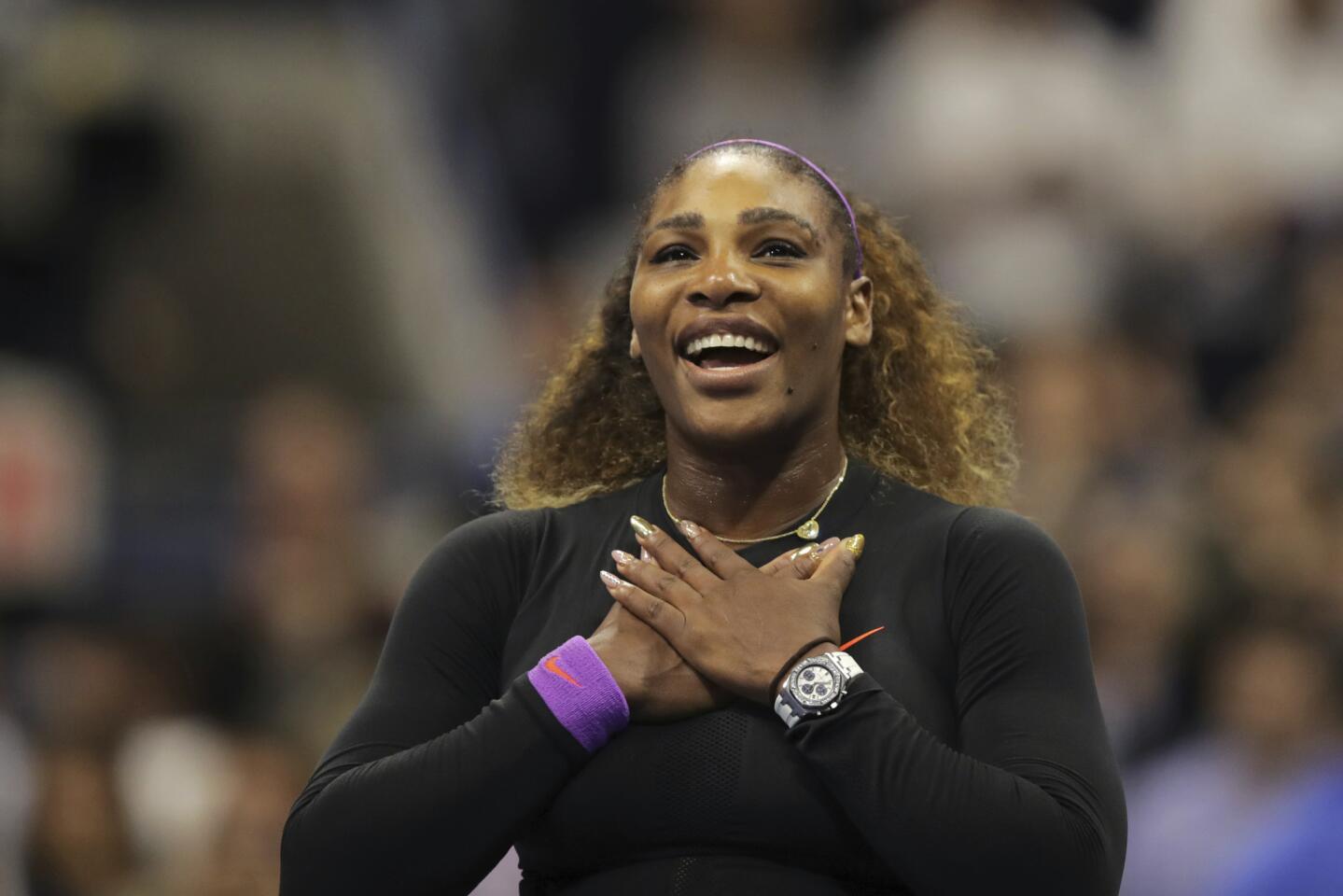 Serena Williams reacts after defeating Elina Svitolina after their Women's Singles semifinal match inside the Billie Jean King National Tennis Center in Queens on Sept. 5, 2019.