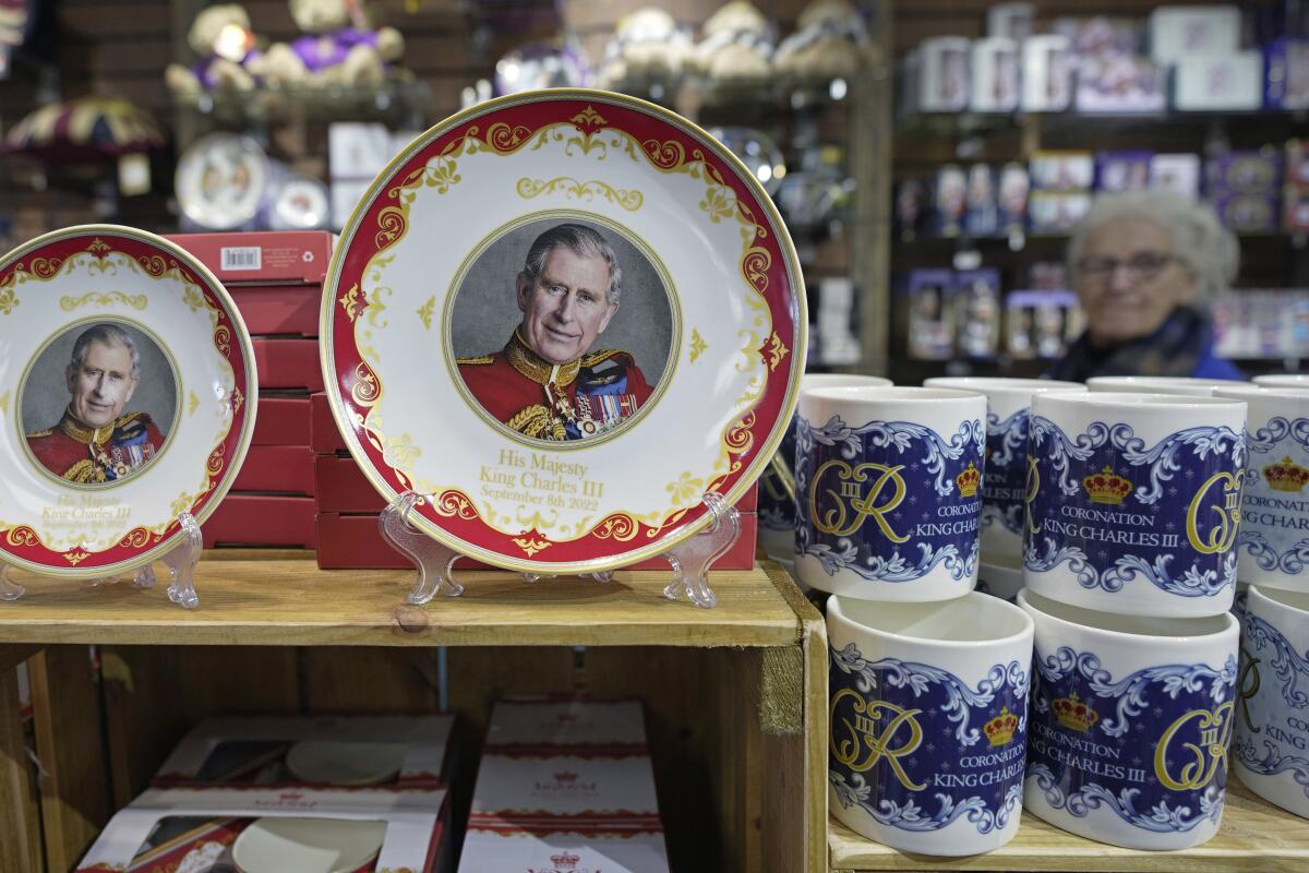 Coronation plates and cups showing King Charles III