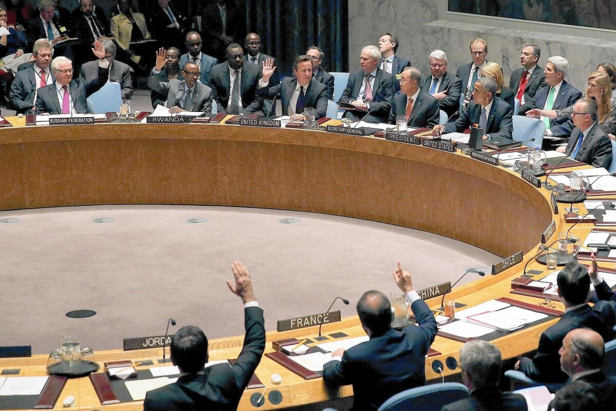 A vote is taken on combatting terrorism at a Security Council meeting that took place during the United Nations General Assembly on Sept. 24 in New York.