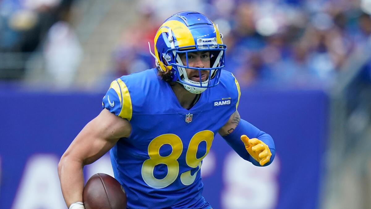 Rams tight end Tyler Higbee runs after making a catch against the New York Giants on Oct. 17.