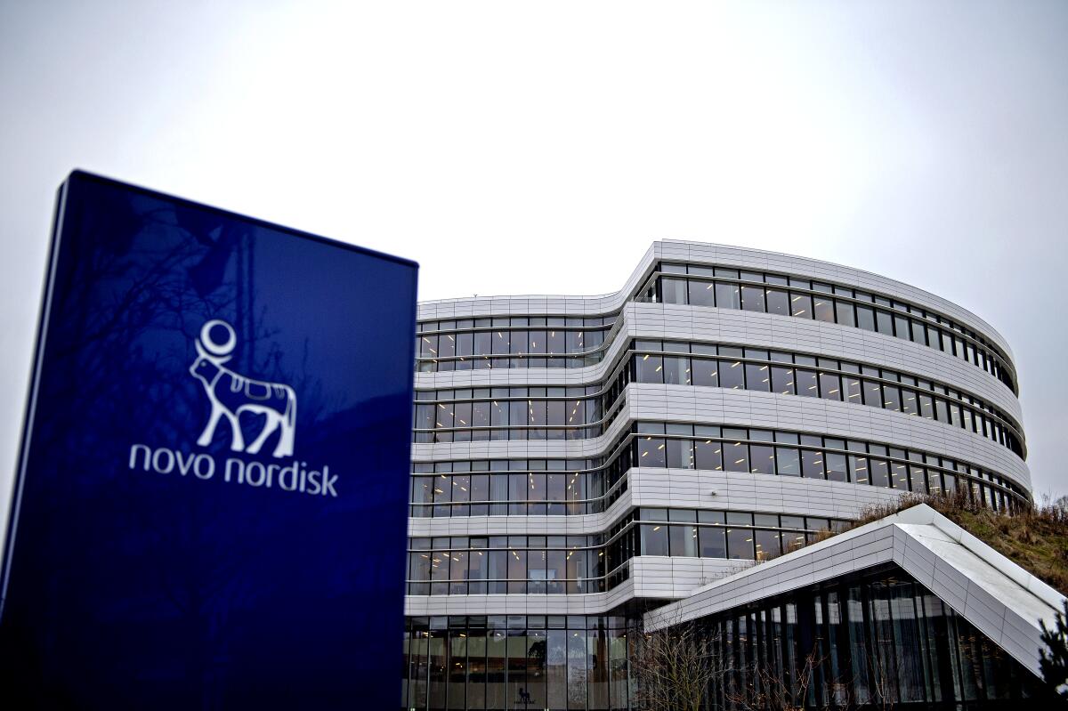 This photo shows the logo of Danish pharmaceutical company Novo Nordisk in front of the firm's headquarters near Copenhagen