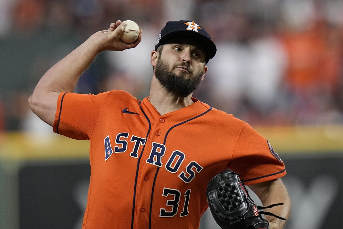Houston Astros relief pitcher Kendall Graveman throws during the ninth inning in Game 2 of the World Series