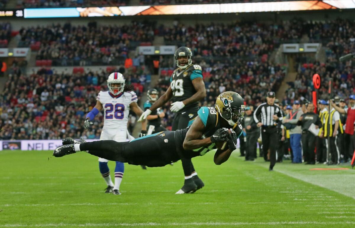 Jacksonville Jaguars wide receiver Allen Hurns catches the ball for a touchdown during the NFL game between the Buffalo Bills and the Jaguars at Wembley Stadium in London on Oct. 25, 2015.