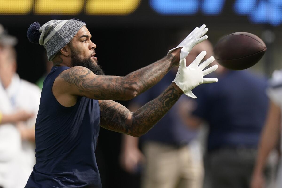 Chargers wide receiver Keenan Allen catches a pass before Sunday's game against the Seattle Seahawks at SoFi Stadium.