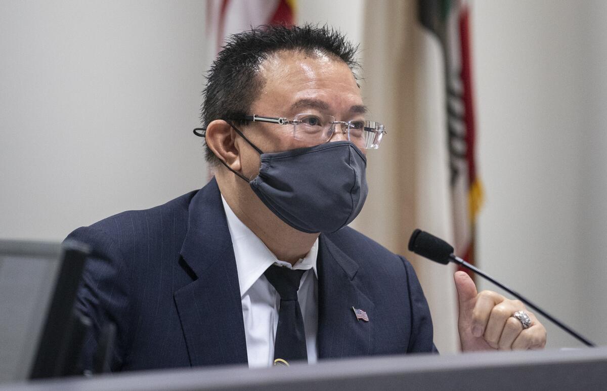 Michael Vo, shown speaking during an Aug. 18 Fountain Valley City Council meeting, will serve his third term as mayor.