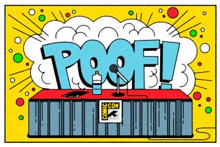 A comic book style drawing of a giant "POOF!" cloud behind a panel table with a microphone and bottle of water.