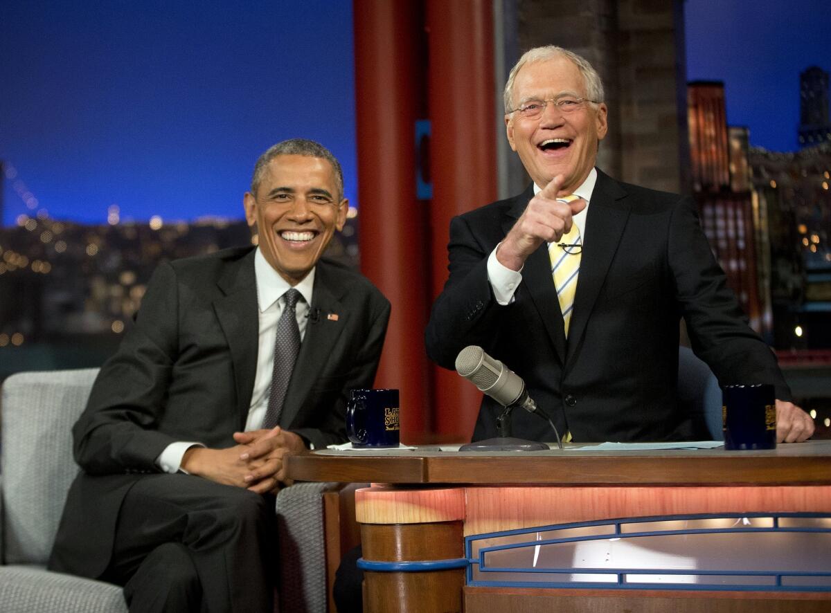 President Obama with host David Letterman during a break at a taping of "Late Show" in New York on May 4.