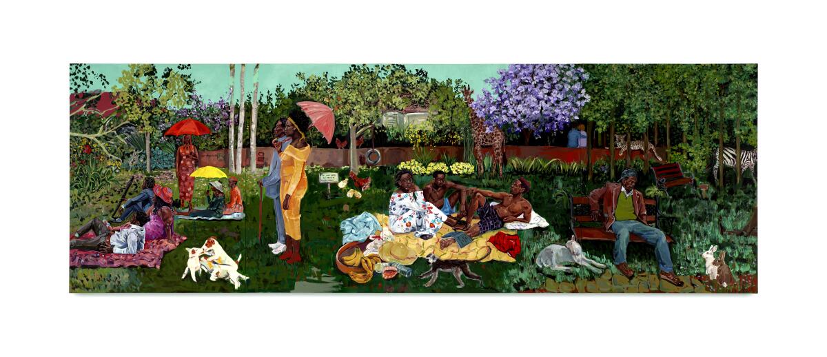 A painting of Black men and women relaxing at a park, a reimagining of Seurat's "A Sunday on La Grande Jatte."