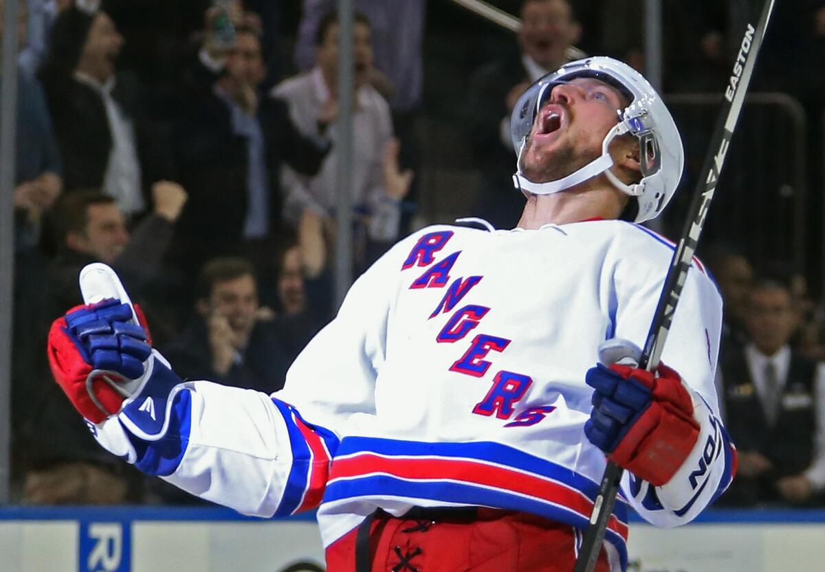 New York Rangers defenseman Kevin Klein celebrates his game-winning goal against the Pittsburgh Penguins on Dec. 8