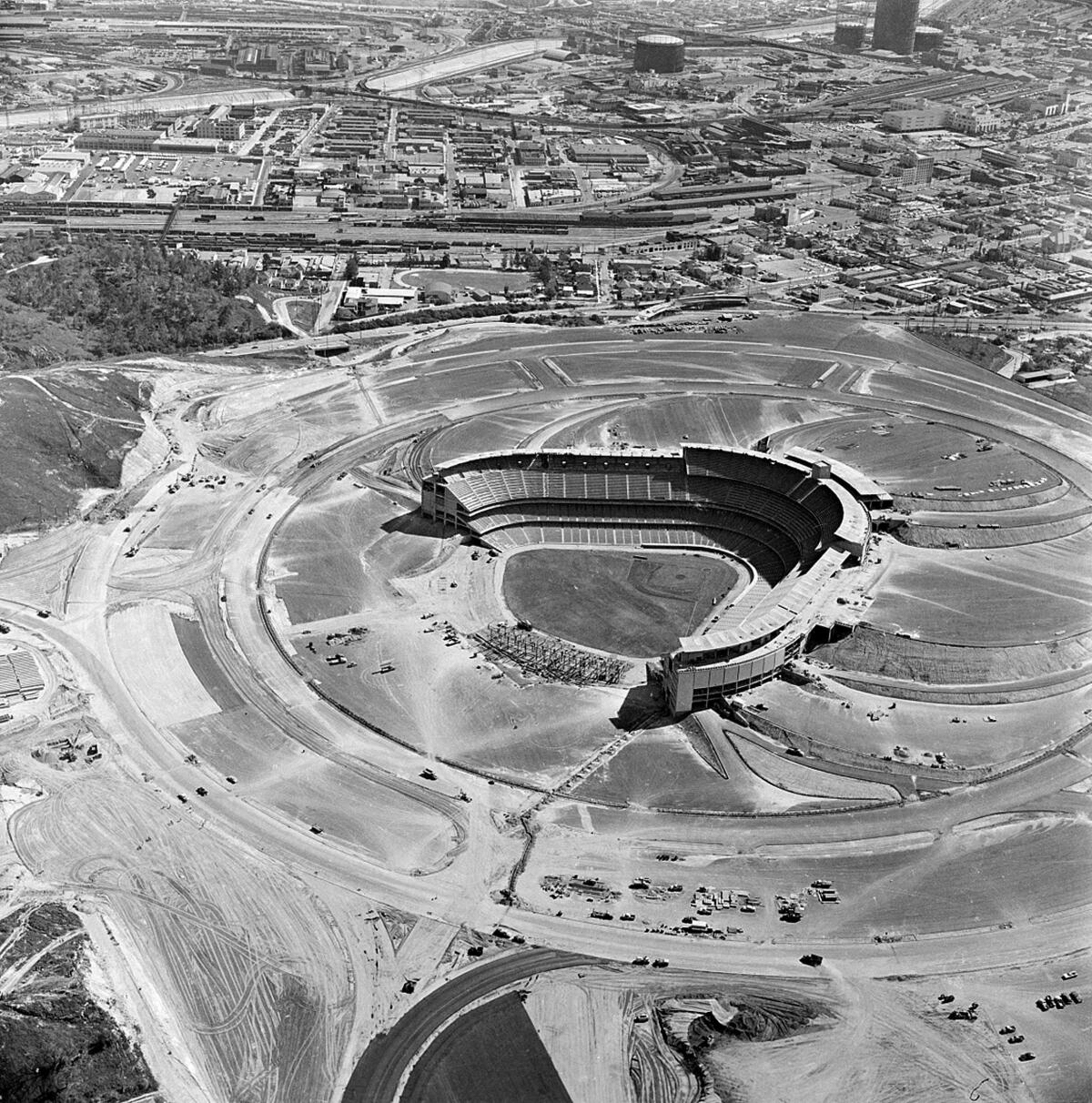 This aerial view shows Dodger Stadium under construction in 1962.