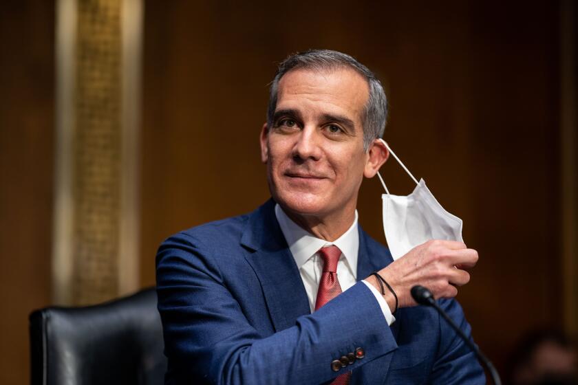 WASHINGTON, DC - DECEMBER 14: Los Angeles Mayor Eric Garcetti appears before a Senate Committee on Foreign Relations hearing for his nomination to be Ambassador to the Republic of India on Capitol Hill on Tuesday, Dec. 14, 2021 in Washington, DC. (Kent Nishimura / Los Angeles Times)