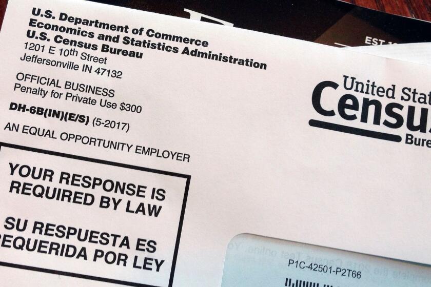 FILE - This March 23, 2018, file photo shows an envelope containing a 2018 census letter mailed to a U.S. resident as part of the nation's only test run of the 2020 Census. A U.S. judge in San Francisco will hear closing arguments in a trial over the Trump administration's decision to add a citizenship question to the 2020 U.S. Census. Judge Richard Seeborg is not expected to issue a ruling immediately on Friday, Feb. 15, 2019. (AP Photo/Michelle R. Smith, File)