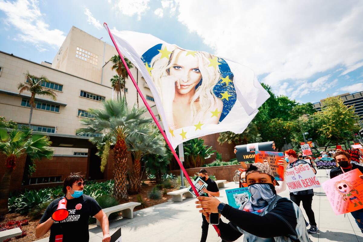 Britney Spears face on a flag held by a #FreeBritney protester