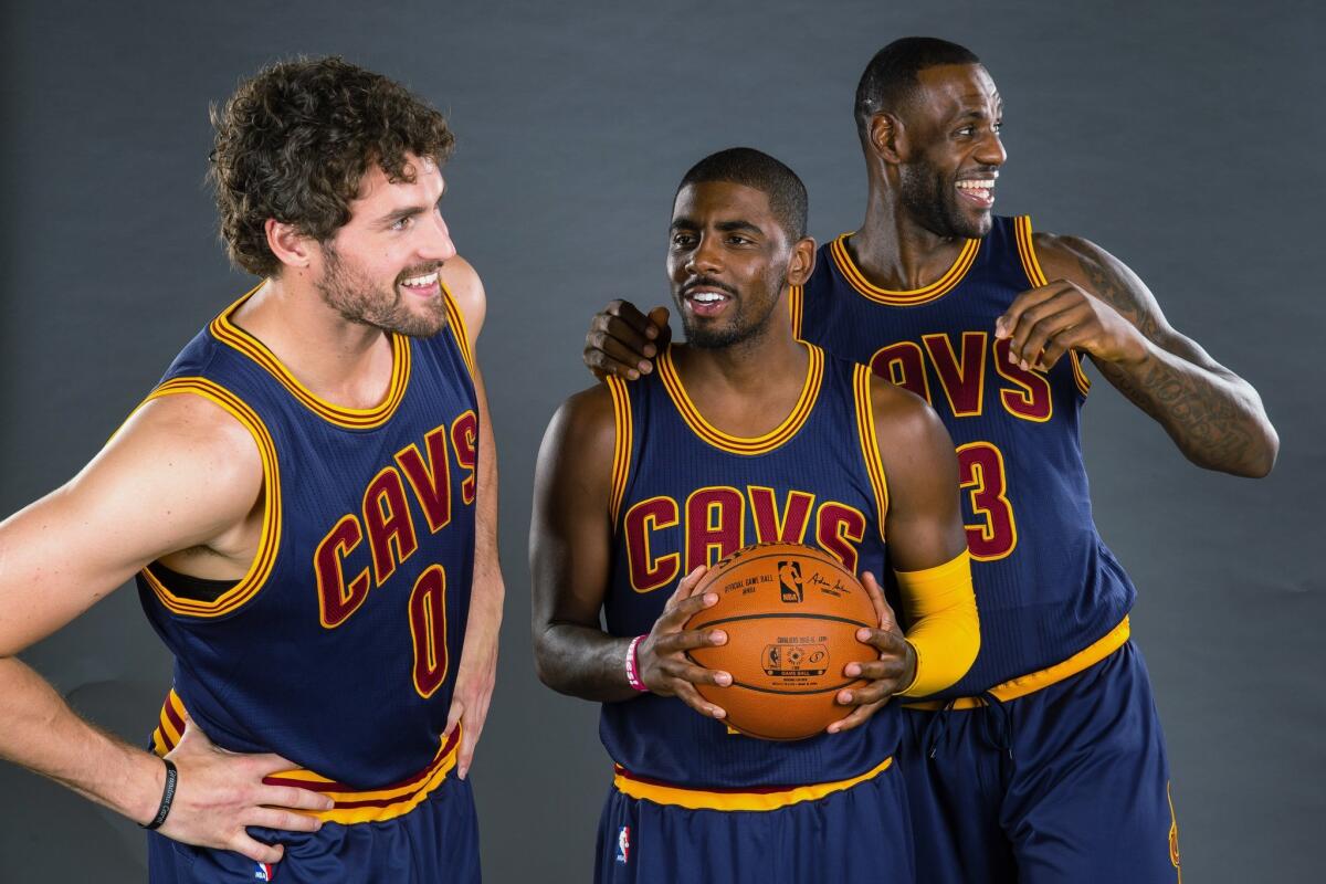 If healthy, it could be all fun and games for Kevin Love (0), Kyrie Irving (center) and LeBron James as they try to get back to the NBA Finals this season.