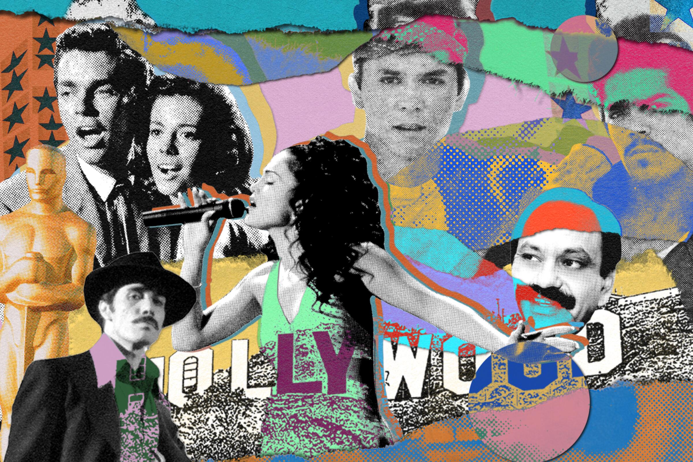 A collage illustration that pictures Latino-forward films and TV shows including "Zoot Suit" and "Selena." 