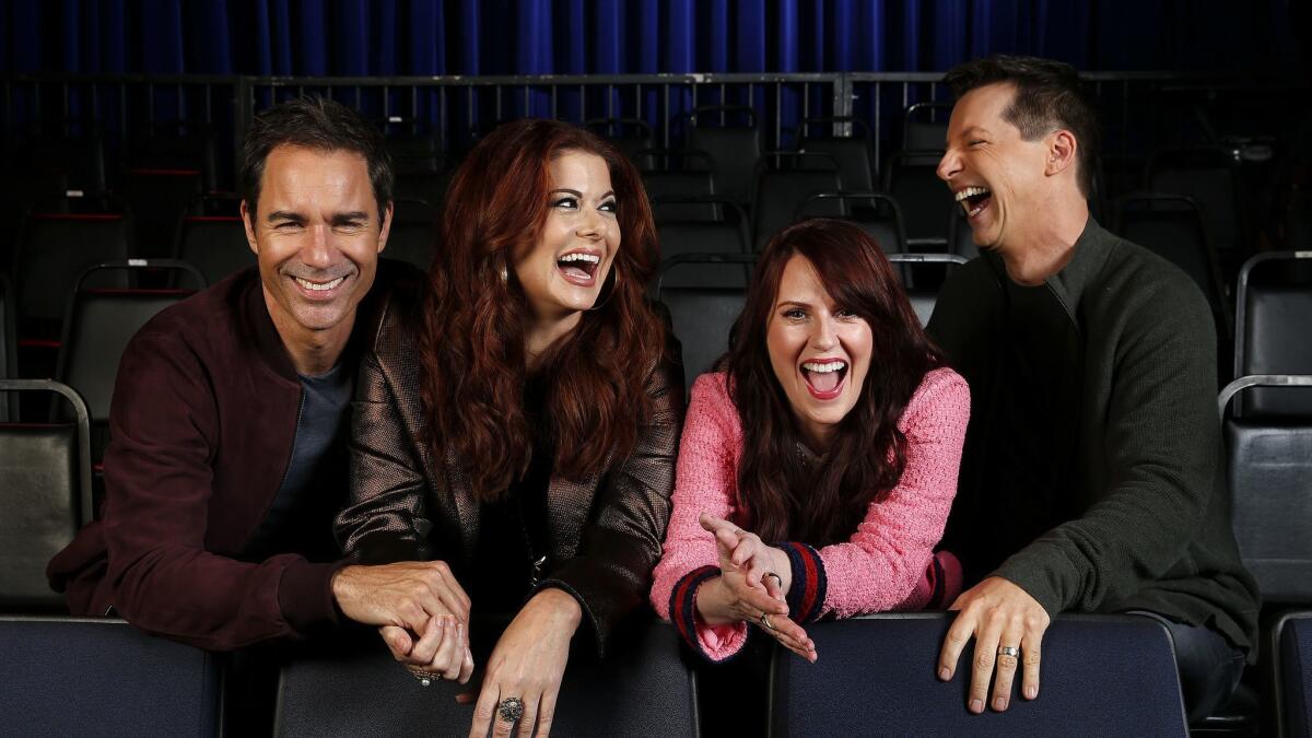 The cast for the television series, "Will & Grace, " Eric McCormack, Debra Messing, Megan Mullally, and Sean Hayes, are photographed in the audience bleachers of the set at Universal Studios Hollywood in Universal City on September 7, 2017.