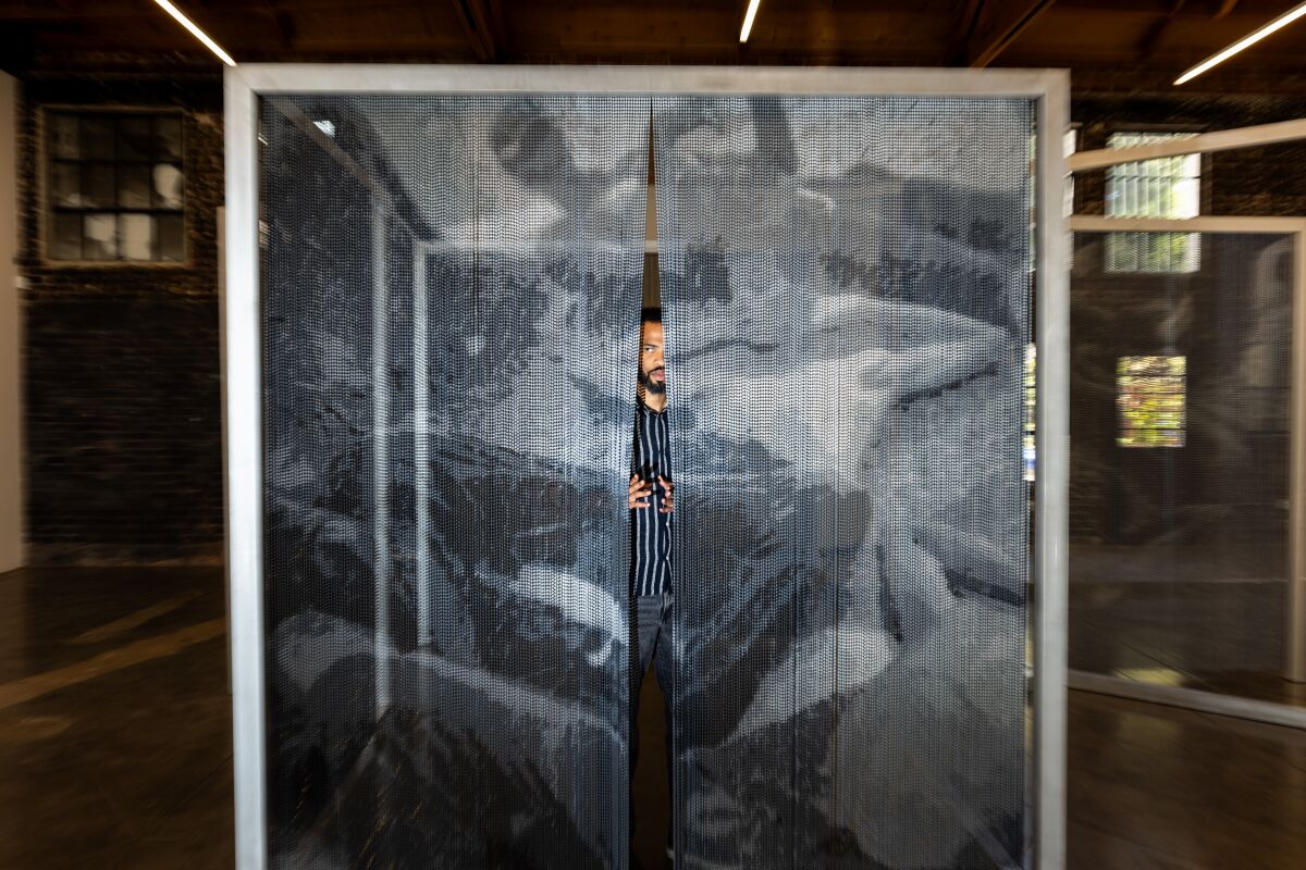 Космо Уайт фотографируется со своей занавеской из бисера.