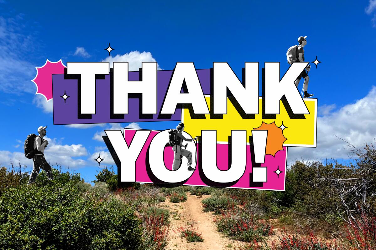 Photo of a hiking trail with text reading "THANK YOU!" and three figures hiking within the letters