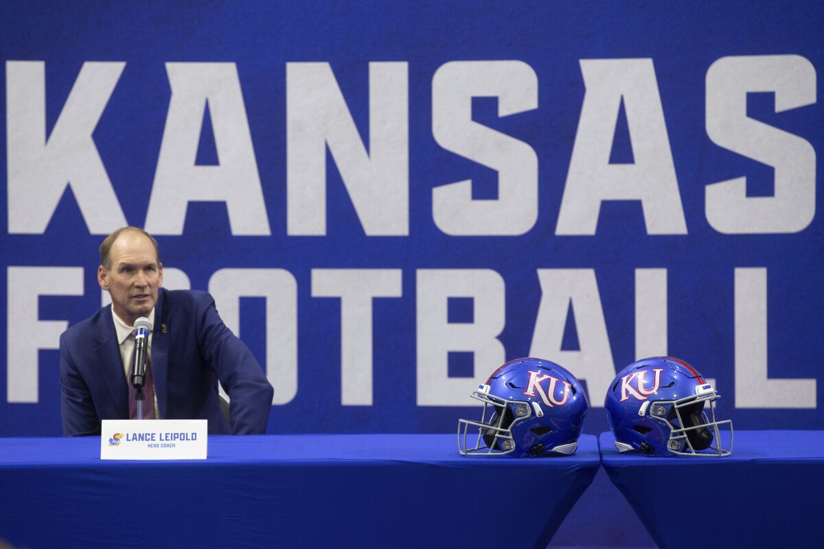 University of Kansas new NCAA college football head coach Lance Leipold speaks during a news conference in Lawrence, Kansas, Monday, May 3, 2021. (Evert Nelson/The Topeka Capital-Journal via AP)