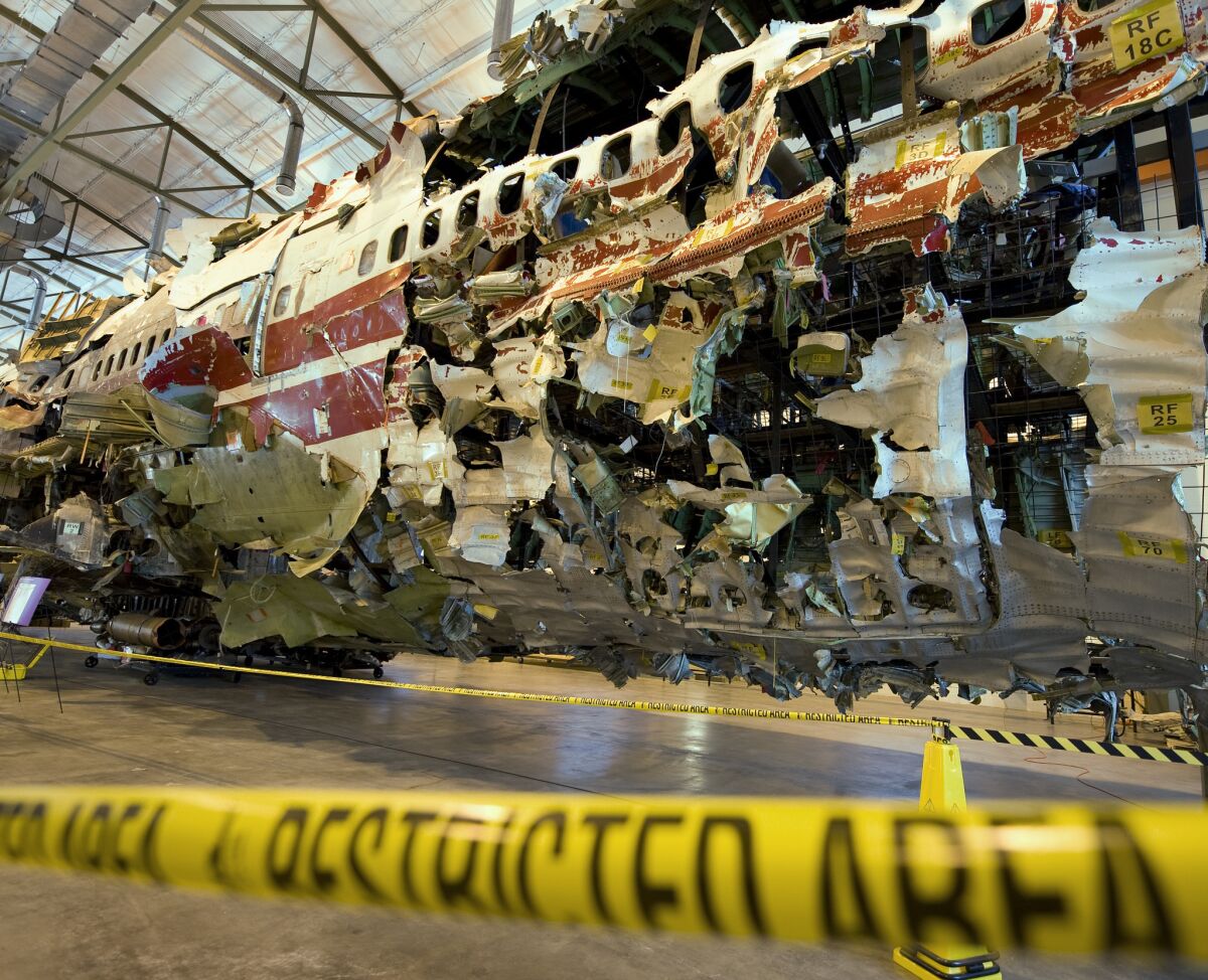 The reassembled shell of TWA Flight 800 sits inside a hangar at the National Transportation Safety Board training facility in 2008 in Ashburn, Va.