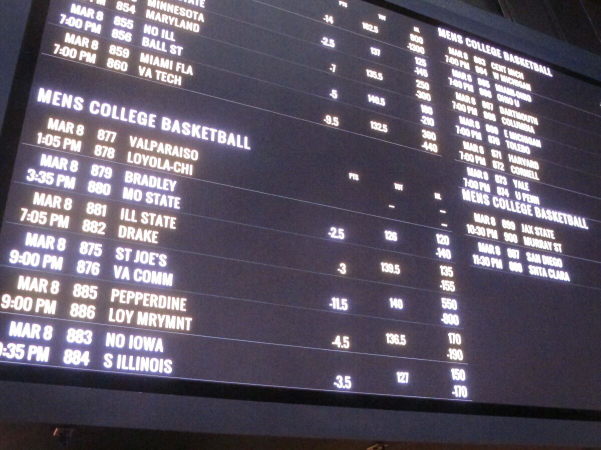 A betting board lists the odds on college basketball games in a sports betting facility.