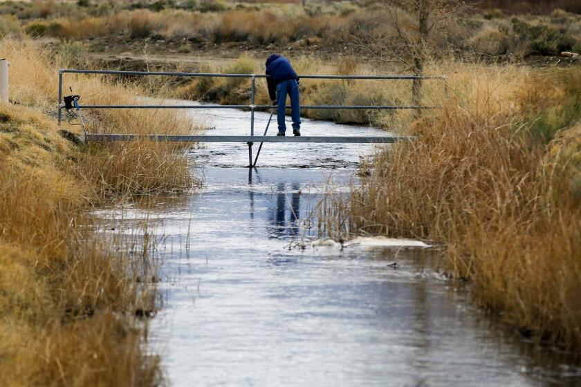 A DWP employee takes water readings March 25 on a tributary of the Owens River near Bishop. With a season of record snowfall in the Sierras, the Owens Valley is preparing for possible floods when everything starts melting.