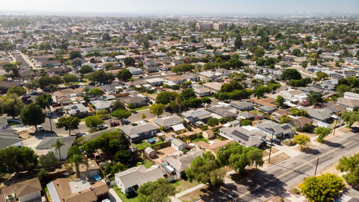 An aerial view of a Chula Vista neighborhood with mainly single-family homes.