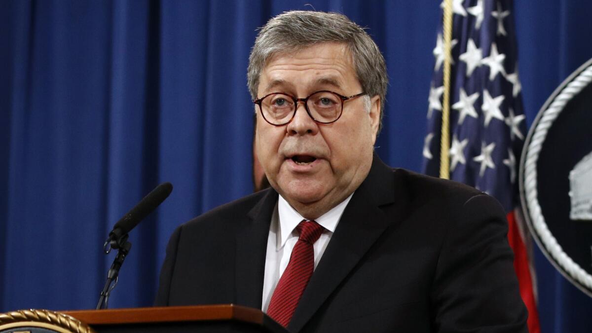 In this April 18, 2019, file photo, Attorney General William Barr speaks about the release of a redacted version of special counsel Robert Mueller's report during a news conference at the Department of Justice in Washington.