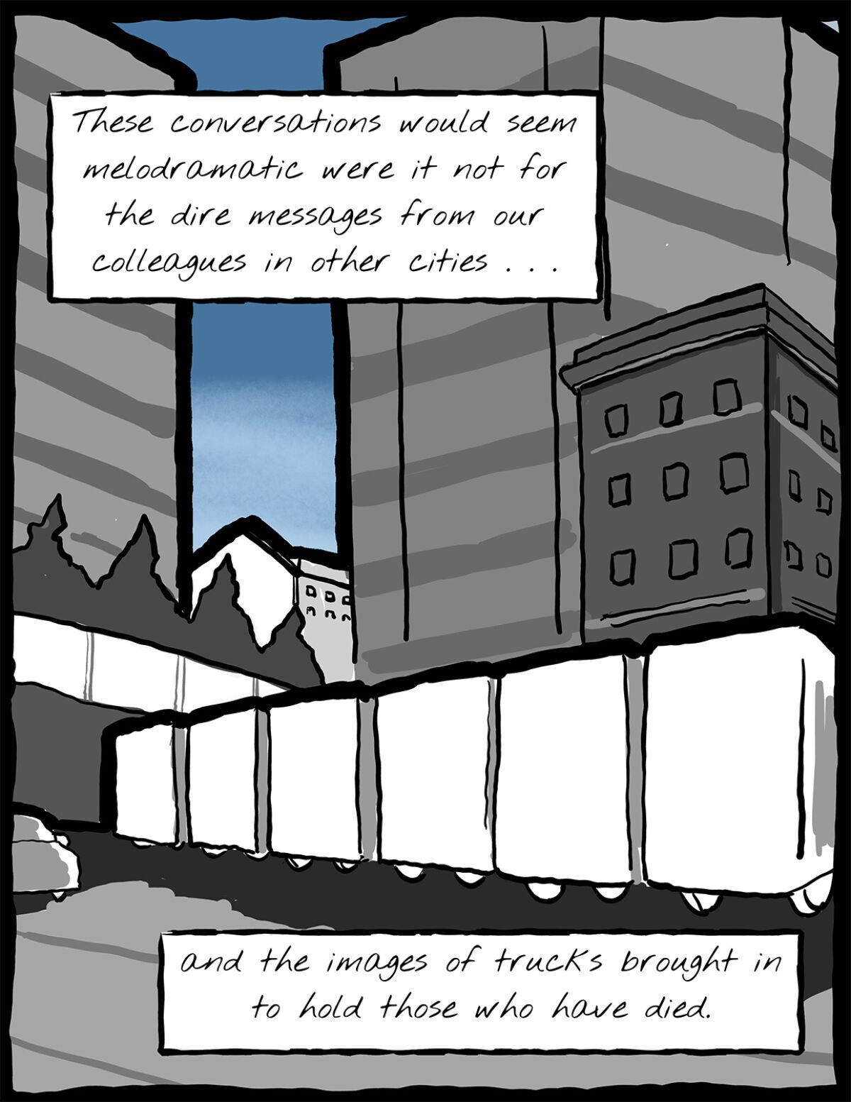 A series of nine illustrations by Nathan Gray for his April, 2020 Los Angeles Times op-ed on being a doctor in the time of the coronavirus pandemic. Gray is an assistant professor of medicine and palliative care at Duke University Center and an artist who draws comics on medical topics. (Nathan Gray / For The Times)