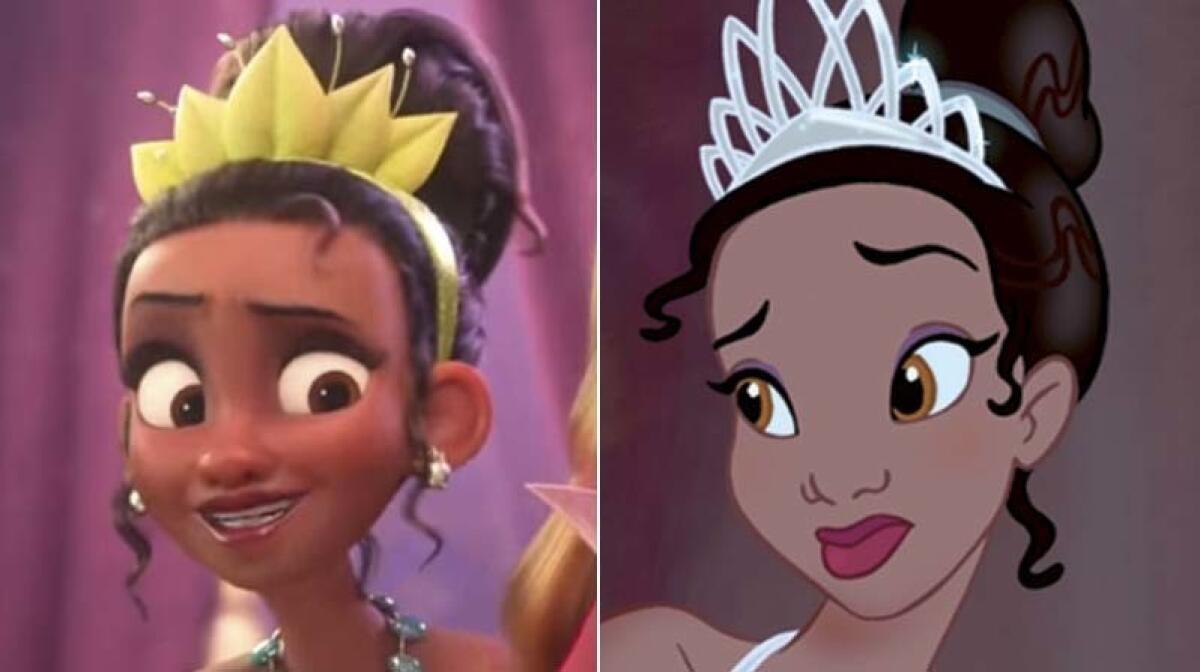 A revised Princess Tiana from "Ralph Breaks the Internet," left, looks more like her original "Princess and the Frog" incarnation.