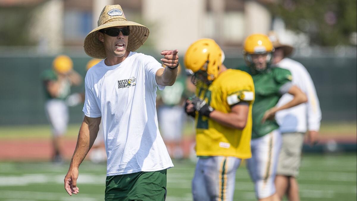Edison football coach Jeff Grady, shown here during practice on Aug. 11, 2018, hopes to lead the Chargers to the CIF Southern Section Division 3 playoffs in 2019.