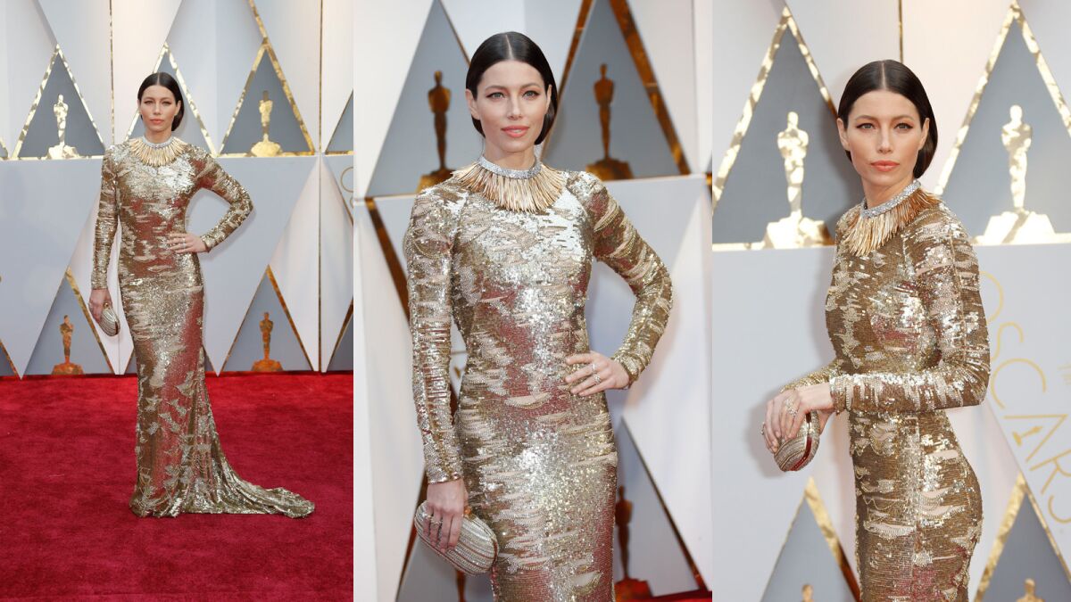 Jessica Biel is wearing a Kaufman Franco gown with Tiffany & Co. jewels. The gold metallic camo look is interesting, for sure, but a little too C-3PO's sister for our tastes, which made it one of our least favorite looks of the night.