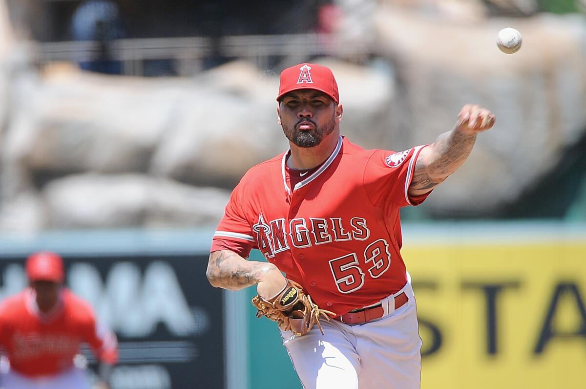 Angels starting pitcher Hector Santiago fires a pitch against the Red Sox in the first inning during the first game of a doubleheader.