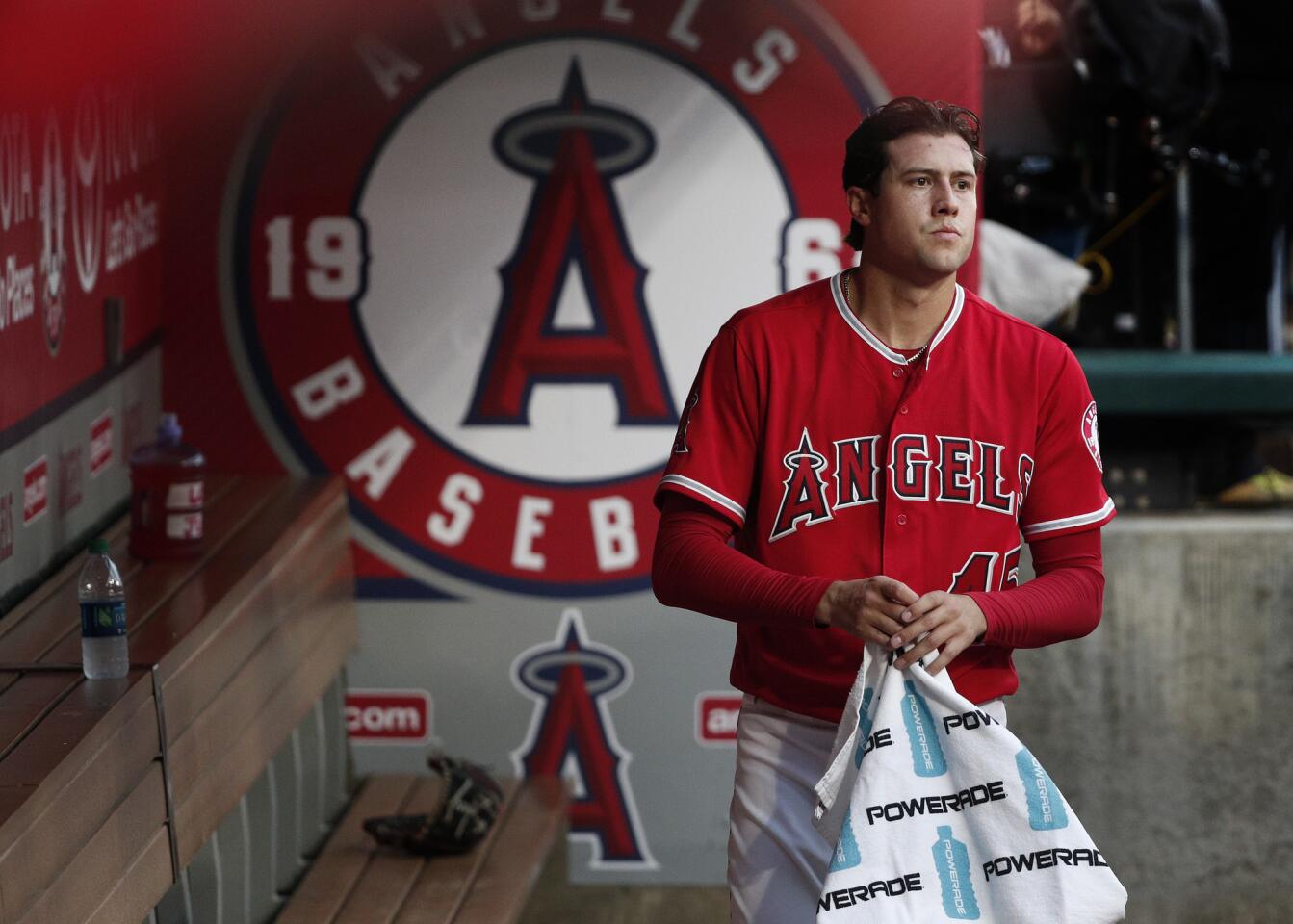 Los Angeles Angels starting pitcher Tyler Skaggs towels off before the game against the Minnesota Twins at Angel Stadium on May 11, 2018.
