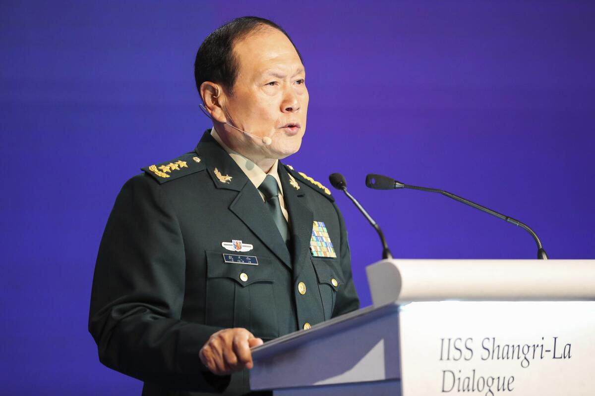El ministro de defensa de China general Wei Fenghe en una conferencia en Singapur el 12 de junio del 2022. 
