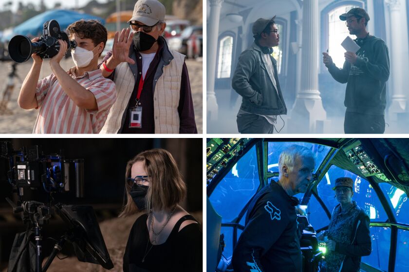Behind-the-scenes shots of directors Steven Spielberg, duo Daniel Kwan and Daniel Scheinert, James Cameron and  Sarah Polley.