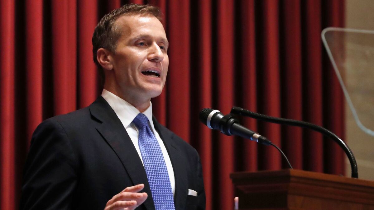 Missouri Gov. Eric Greitens delivers the annual State of the State address to a joint session of the House and Senate in Jefferson City on Jan. 10, 2018.
