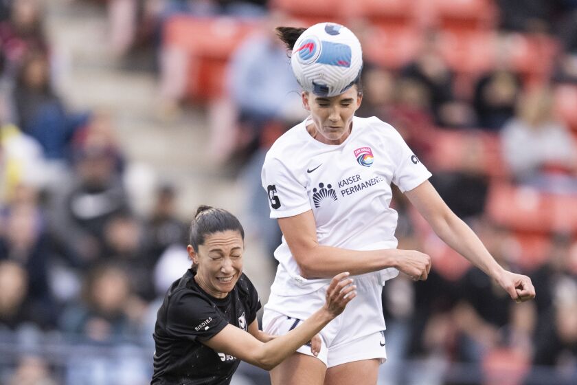 San Diego Wave FC's Taylor Korniec, right, and Angel City FC's Christen Press jump for a header during an NWSL Challenge Cup soccer match, Saturday, March 19, 2022, in Fullerton, Calif. (AP Photo/Kyusung Gong)