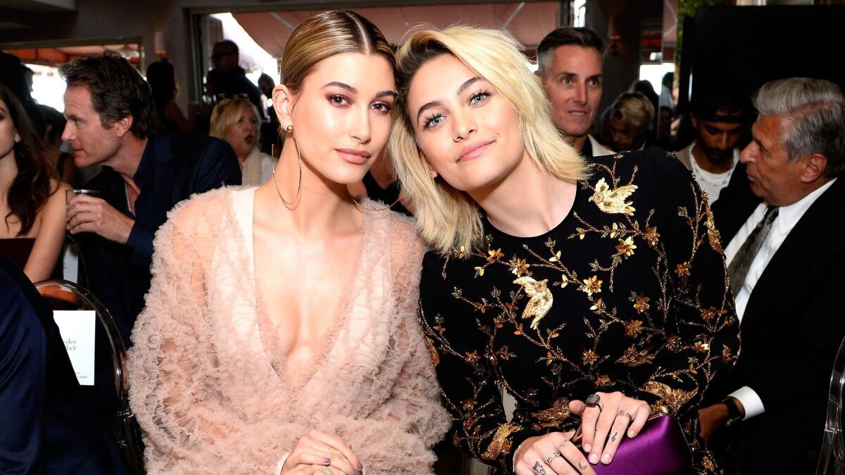 Hailey Baldwin and honoree Paris Jackson attend the Daily Front Row's 3rd annual Fashion Los Angeles Awards at Sunset Tower Hotel on Sunday. (Stefanie Keenan / Getty Images)