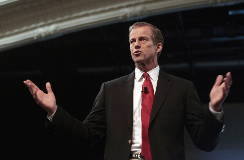 South Dakota Republican Sen. John Thune speaks at the Performing Arts Center in Rapid City, S.D., Friday. Earlier that day, Thune and Rep. Fred Upton (R-Mich.) released a draft of a bill to impose new but limited protections for net neutrality.