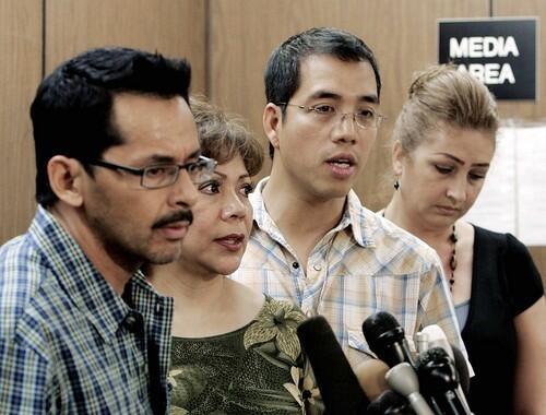 Jurors in the Weller trial, from left, Jorge Granados, Yolanda Hernandez, Simon Magtibay, and a juror who did not speak or identify herself, talk about the trial after reaching a verdict.