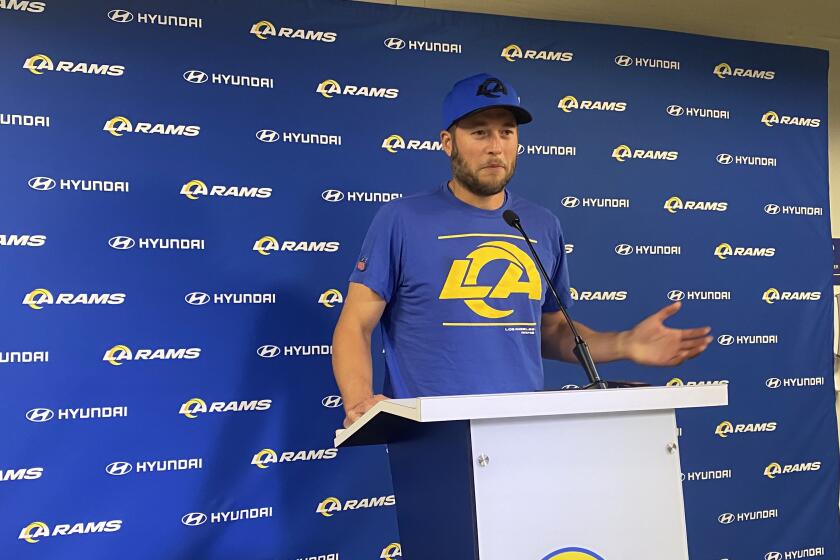 Rams quarterback Matthew Stafford speaks on the first day of availability for the 2023 season.