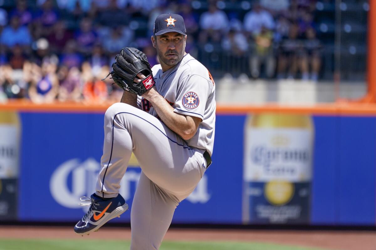 Houston Astros starting pitcher Justin Verlander delivers against the New York Mets during the first inning of a baseball game, Wednesday, June 29, 2022, in New York. (AP Photo/Mary Altaffer)