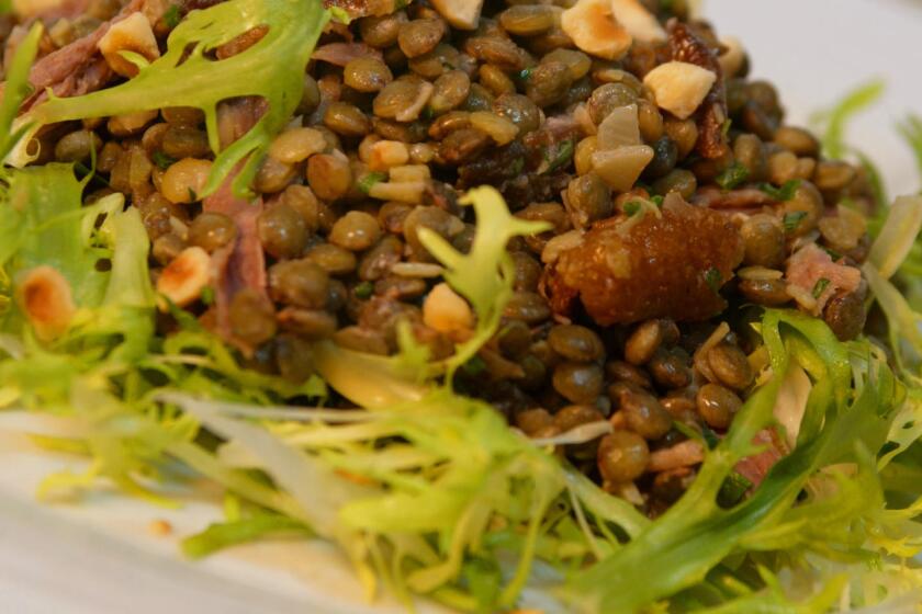 Lentils. Lentil and Duck Salad with Hazelnut Dressing as photographed in the L.A. Times photo studio, Thursday afternoon in L.A.